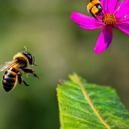 Prompt: a bee trying to reach a flower on fire, beautiful macro photography, ambient light