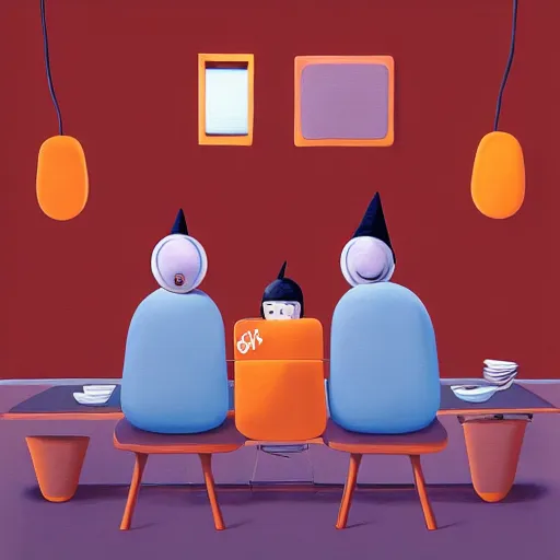 Prompt: a painting of three people sitting at a table, a surrealist painting by goro fujita, behance contest winner, pop surrealism, surrealist, hall of mirrors, art on instagram