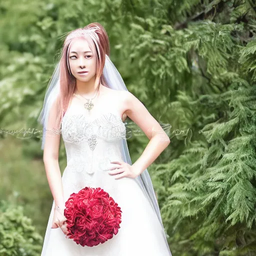 Prompt: a symmetric and beautiful face, professional full length high definition photo of a young woman with twin tails and wedding dress, photo taken with Sony a7R