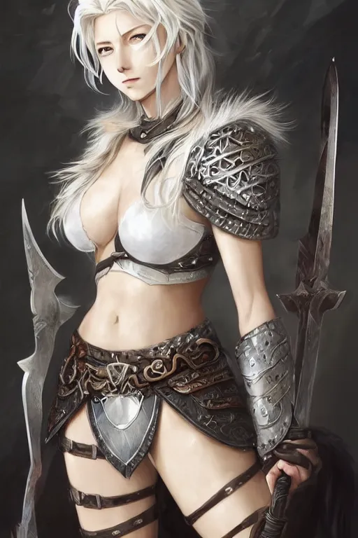 Image similar to A realistic anime portrait of a beautiful white haired female barbarian wearing an intricate viking armor, digital painting, by Stanley Artgerm Lau, Sakimichan, WLOP and Rossdraws, digital painting, painterly, Pixiv, Deviantart, golden ratio, rule of thirds, good composition, HD, 8k, award winning, promo art, splash art, rpg, jrpg, dungeons and dragons, DND, trending on ArtStation