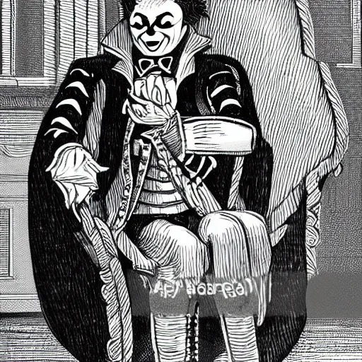 Prompt: a vampire sitting on a throne in his castle during the american revolution. he is surrounded by paintings and is wearing a bright clown emoji mask. character design by john and ai