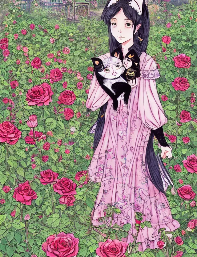 Prompt: central asian woman with cat ears, wearing a lovely dress in a steampunk rose garden. this watercolor painting by the award - winning mangaka has impeccable lighting, an interesting color scheme and intricate details.