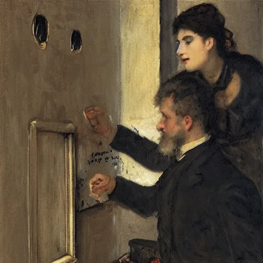 Image similar to a man and a woman solving an escape room puzzle, mysterious markings on the wall, by alfred stevens