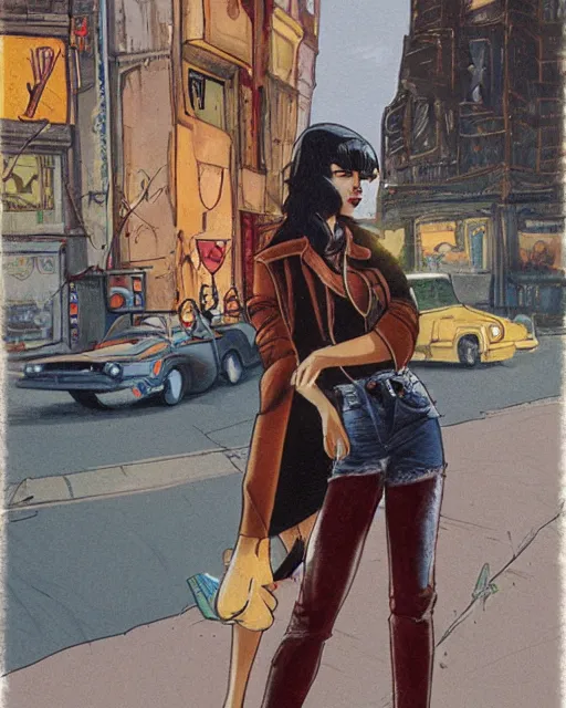 Image similar to young female protagonist in leather jacket, city street, artwork by ralph bakshi