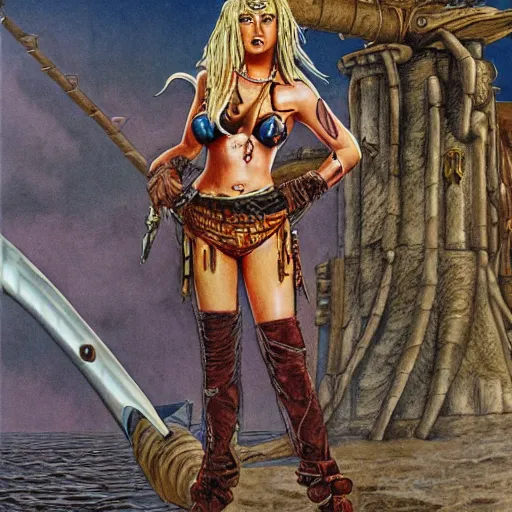 Image similar to full body concept art of a female pirate by Patrick Woodroffe