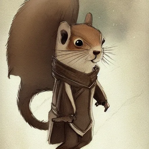 Prompt: Anthropomorphic squirrel in Cloak by rossdraws,greg rutkowski,and Sarah Andersen,ambient style, very detailed,detailed armor,detailed helmet