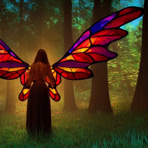 Prompt: brightly lit fae with stained glass wings in a dim dark forest colorful 4 k path traced high definition detailed artstation realistic trending dramatic lighting high contrast neon