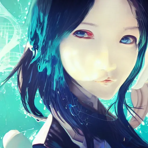 Image similar to Frequency indie album cover, luxury advertisement, white, indigo and teal colors. highly detailed post-cyberpunk sci-fi close-up schoolgirl in asian city in style of cytus and deemo, mysterious vibes, by Ilya Kuvshinov, by Greg Tocchini, nier:automata, set in half-life 2, beautiful with eerie vibes, very inspirational, very stylish, with gradients, surrealistic, postapocalyptic vibes, depth of filed, mist, rich cinematic atmosphere, perfect digital art, mystical journey in strange world, bastion game, arthouse