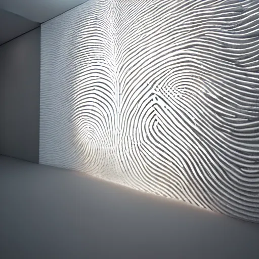 Image similar to : fingerprint pattern sculpture art on the wall in modern architecture studio, cinematic lighting, hyper - realistic, detailed, render by c 4 d octane, unreal engine, 8 k 3 d render