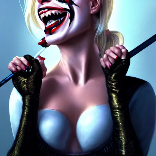 Image similar to perfectly-centered-Portrait of margot robbie as harley quinn licking a mouse, gotham city backround, intricate, elegant, super highly detailed, professional digital painting, artstation, concept art, smooth, sharp focus, no blur, no dof, extreme illustration, Unreal Engine 5, 8K, art by artgerm and greg rutkowski and alphonse mucha and loish and WLOP