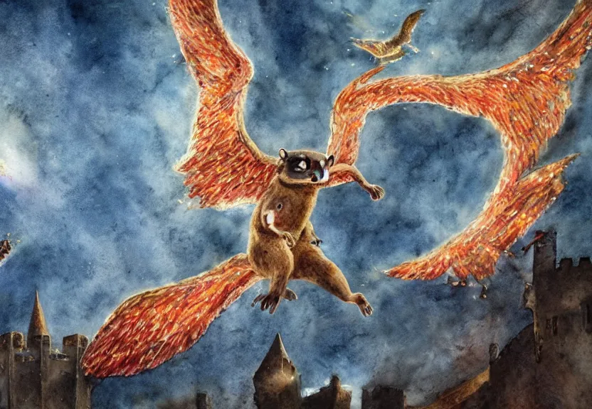 Image similar to legendary fire winged possum flying over a medieval castle under the dark starred sky, dark fantasy, watercolor, dreaming illusion, highly detailed, 4k, trending on Artstation, award-winning