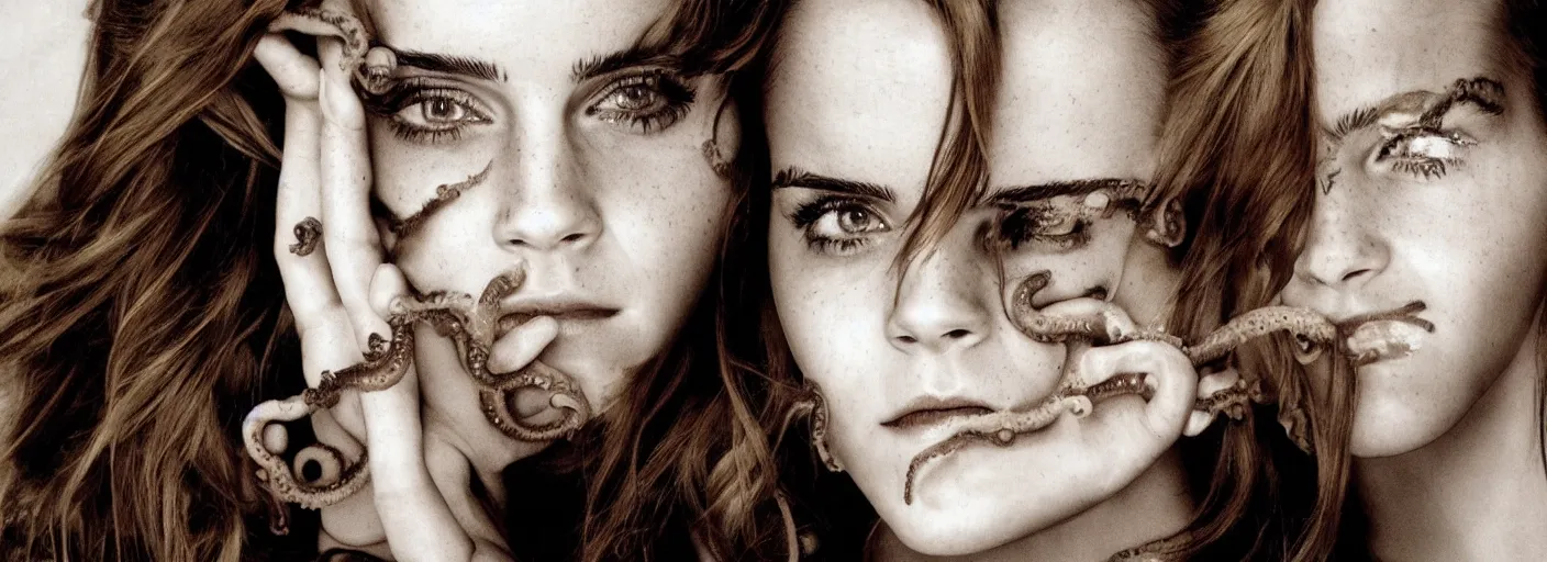 Image similar to emma watson with tentacles and claws horror portrait