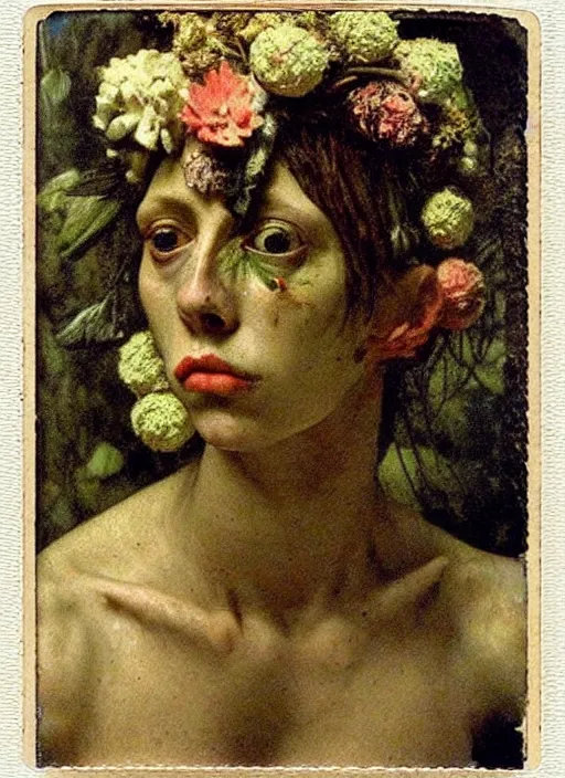 Image similar to beautiful and detailed rotten woman made of plants and many different types of flowers, muscles, intricate, organs, ornate, manet, gustave courbet, caravaggio, romero ressendi 1 9 1 0 polaroid photo