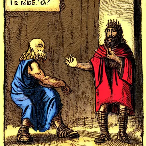 Image similar to realistic grom hellscream bribing judas iscariot