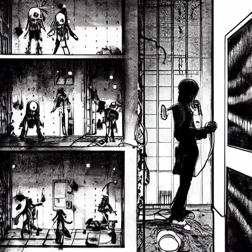 Prompt: close-up scene neighbor holding a drill and drilling holes in a room, all wall is drilled with holes, manga, professional manga artwork, very detailed, black and white manga horror in style of junji ito, kentaro miura, Tsutomu Nihei