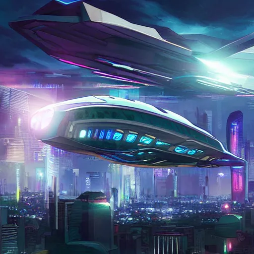 Image similar to gigantic spaceship in the sky, cyberpunk