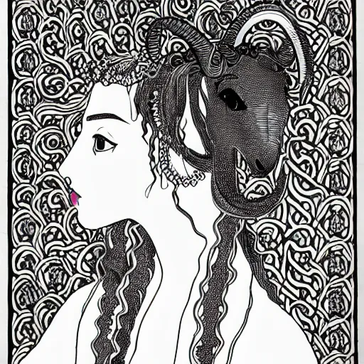 Image similar to filigree detailed illustration portrait of a profile of gypsy half - girl half - goat with long curly hair and big goat horns on her head, aubrey beardsley, makoto shinkai, greek graphics