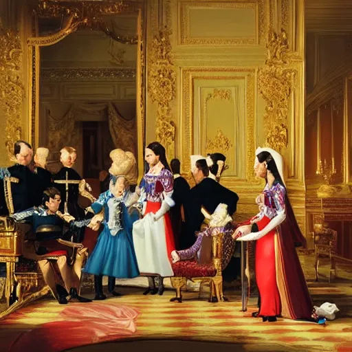 Image similar to royal family during an argument, hyper realistic painting, ultra detailed, exaggerated expressions, dynamic light, atmosphere