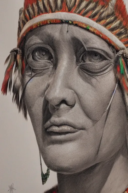 Prompt: hyperrealism close-up portrait lama in War bonnet in style of da Vinci