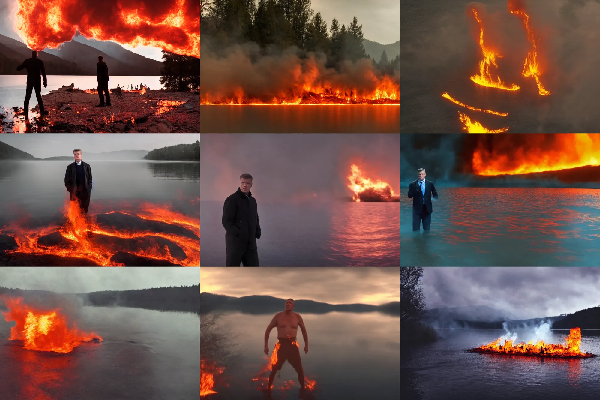 Prompt: a film still of Klaus Iohannis to a lake on fire, dramatic lighting