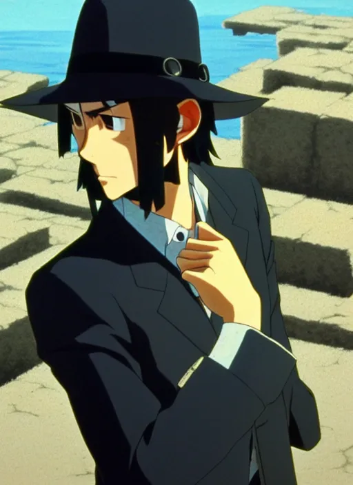 Image similar to a film still portrait of a 1 9 7 0's jigen, finely detailed features, closeup at the face, perfect art, in ancient city ruins, water, sun, gapmoe yandere grimdark, trending on pixiv fanbox, painted by greg rutkowski makoto shinkai takashi takeuchi studio ghibli, akihiko yoshida,