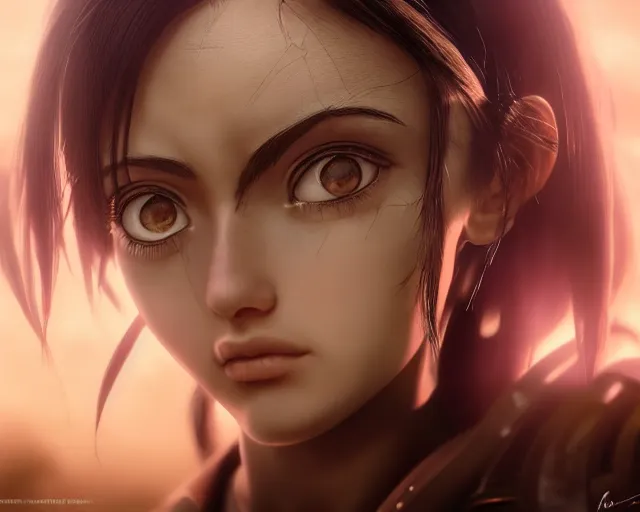 Image similar to battle angel alita, beautiful portrait, watery doe eyes, mouth agape, photorealistic, lifelike, human actress, octane engine, cinematic lighting, high detail, high resolution