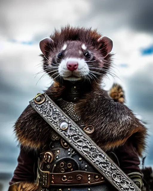 Image similar to ferret warrior, furry, fantasy, viking, high detailed, photography, cloudy, lightweight leather armour, scandinavia, plain, detailed face, look into the distance, serious face, full body, in full growth, professional photographer, masterpiece, 5 0 mm, extremely detailed, 8 k