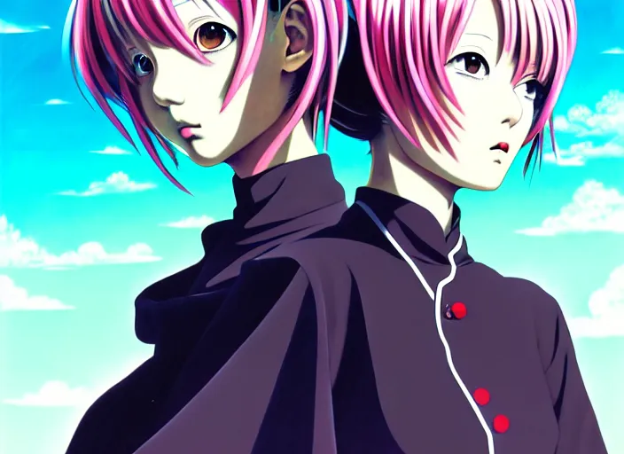 Image similar to editorial illustration colorful anime portrait of shiina ringo, murata range, last exile, yoh yoshinari, studio trigger, anime, manga, ilya kuvshinov, fine texture, realistic shading, fine details, matte colors, dramatic lighting, dynamic composition, moody, vivid, volumetric, stippled lighting, cinematic