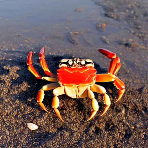 Prompt: A cute smiling crab on the beach, photo