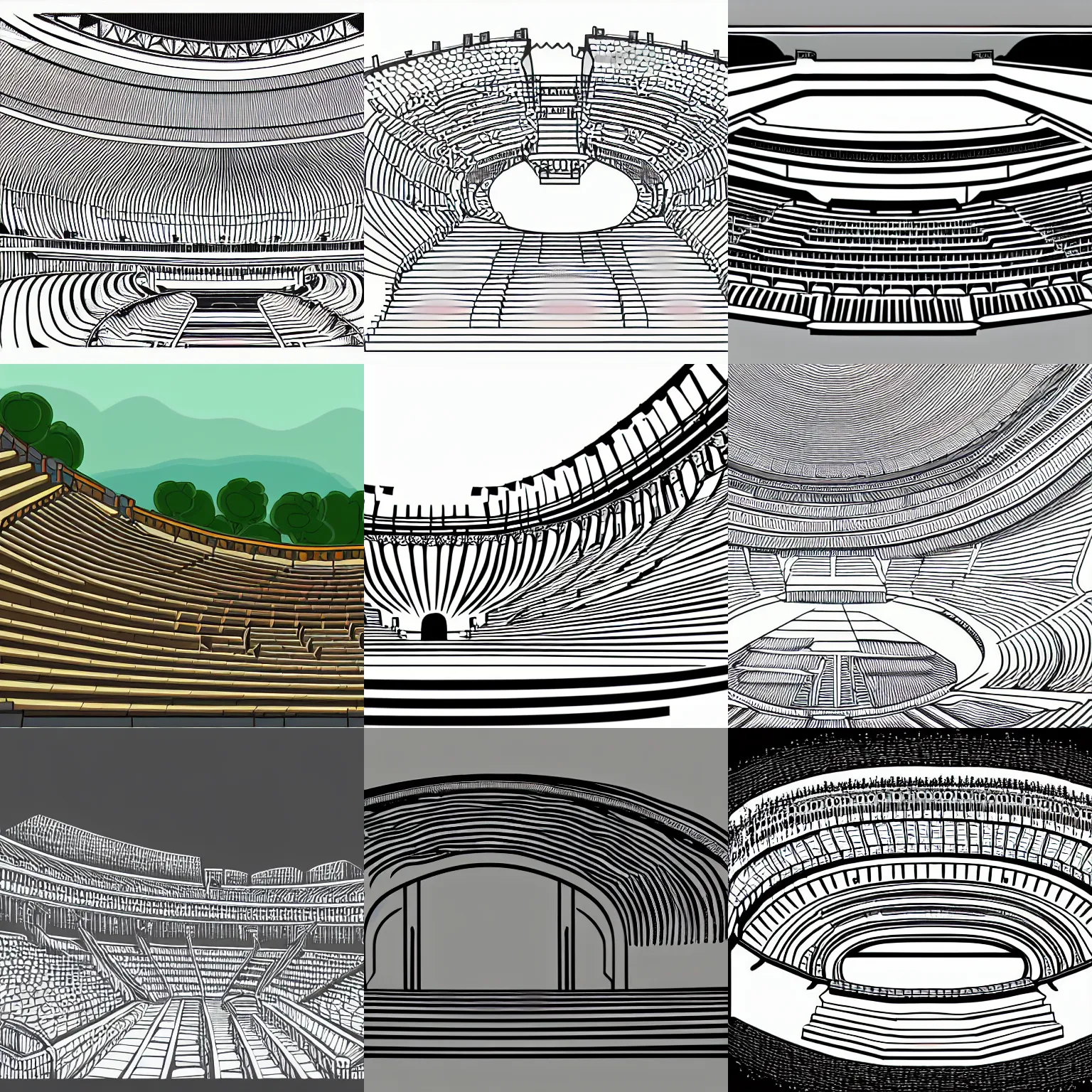 Prompt: highly detailed three quarter long shot of a section of ancient amphitheater in smooth shaded vector line - art style, white background