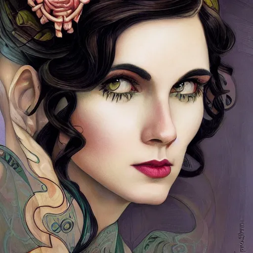 Prompt: an art nouveau, ( streamline moderne ), multi - ethnic and multi - racial portrait in the style of charlie bowater, and in the style of donato giancola and in the style of charles dulac. very large, clear, expressive and intelligent eyes. symmetrical, centered, ultrasharp focus, cinematic lighting, photorealistic digital painting, intricate detailed background.