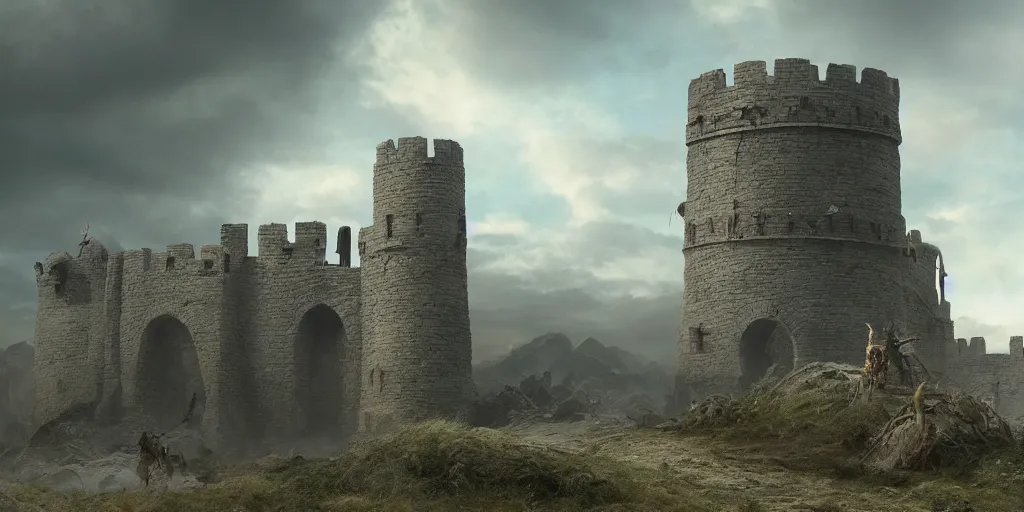 Image similar to beautiful matte painting of a giant wall with guard towers by weta workshop 8 k, cinematic dramatic atmosphere, dramatic lighting