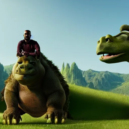 Image similar to Movie still of Kanye West riding an ((aligator)) in the movie Shrek, splash art, movie still, cinematic lighting, dramatic, octane render, long lens, shallow depth of field, bokeh, anamorphic lens flare, 8k, hyper detailed, 35mm film grain