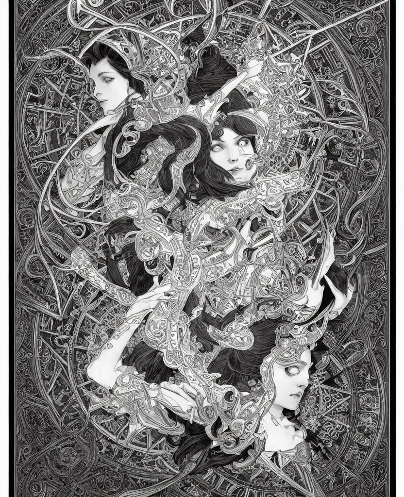 Image similar to black and white illustration of geometrical alchemical glyphs, deep focus, intricate, elegant, highly detailed, pen and ink style, artstation, concept art, matte, sharp focus, art by artgerm and greg rutkowski and alphonse mucha