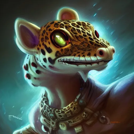 Image similar to Cute anthropomorphic Leopard Gecko in World of Warcraft, cover art, ultra wide lens shot, pretty, beautiful, DnD character art portrait, matte fantasy painting, DeviantArt Artstation, by Jason Felix by Steve Argyle by Tyler Jacobson by Peter Mohrbacher, cinematic lighting