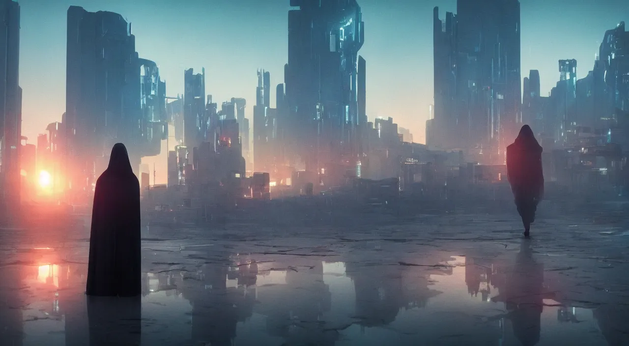 Image similar to a singular cloaked figure standing in the foreground of a cyberpunk landscape, synth, puddles, sunrise