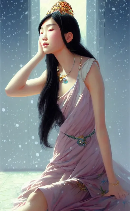 Image similar to a beautiful young charming asian goddess with sundress + jewelry + shinny eyes | | winter, symmetric, realistic shaded, unpleasant face, good looking, fine details, dior, lv, realistic shaded lighting poster by greg rutkowski, macoto takahashi, magali villeneuve, artgerm, jeremy lipkin and michael garmash