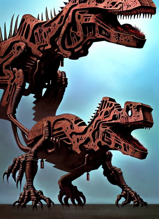 Image similar to transformer trex mech dinosaur, by roberto aizenberg, zdzisław beksinski, brian despain, peter gric, boris artzybasheff and hr giger, hyper detailed, screen print, character concept art, hyperrealism, coherent, cgsociety, zbrush central, behance hd, hypermaximalist