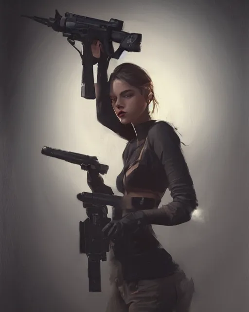 Image similar to Hyper realistic painting of a girl holding a gun, noir, hyper detailed, by greg rutkowski, trending on artstation