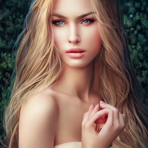 Image similar to a gorgeous female photo, professionally retouched, soft lighting, wearing sundress, illuminated by moonlight, realistic, smooth face, blonde goddess, luscious lips, perfect eyes, wide angle, sharp focus on eyes, 8 k high definition, insanely detailed, intricate, elegant, art by artgerm and wlop