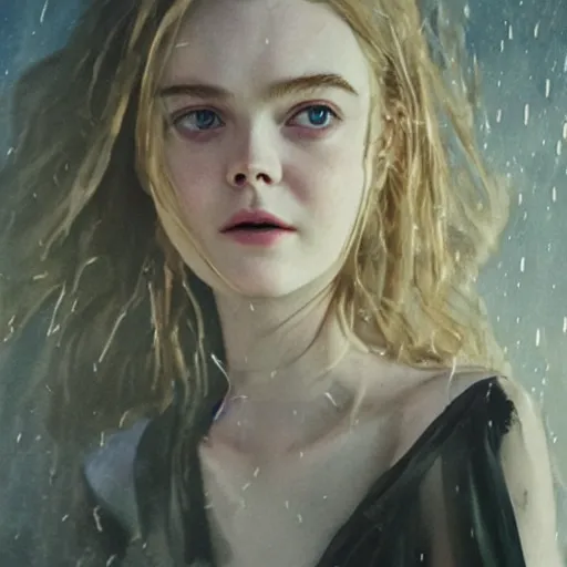 Image similar to Elle Fanning in Santorini at night, head and shoulders portrait, stormy weather, extremely detailed masterpiece, Roger Deakin’s cinematography, oil on canvas, Yoji Shinkawa,