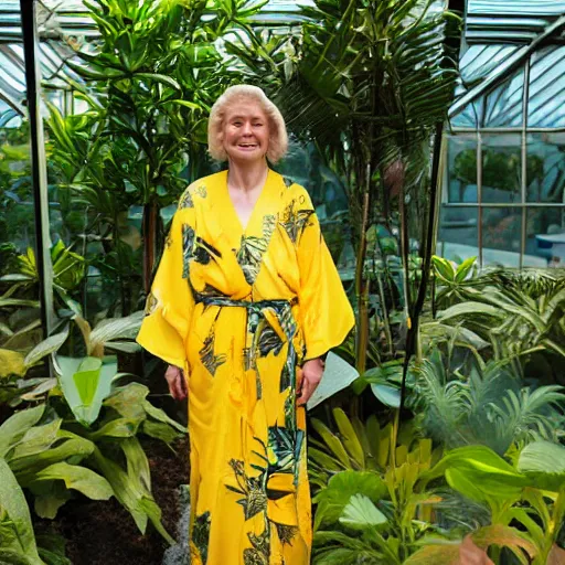 Prompt: medium photo portrait of a woman wearing a yellow kimono in a tropical greenhouse