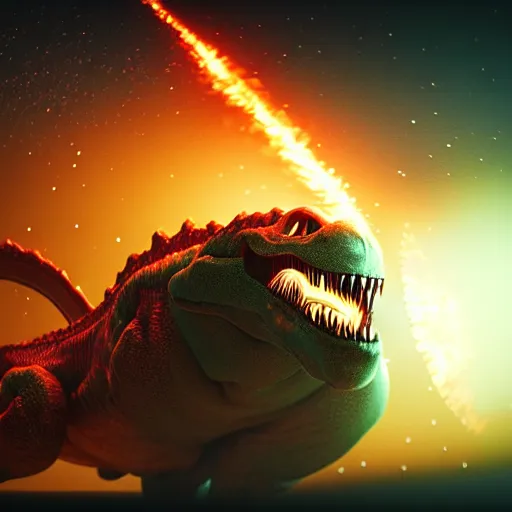 Prompt: an alien t-rex bursting fire out of its mouth in an unknown planet, octane render, bokeh, 3D