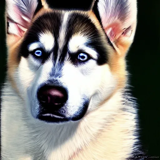 Image similar to a puppy portrait, husky, german shepherd, pit bull mix, blue eyes, caramel brown ears, symmetrical, vertical broad white stripe on face, realistic, cute, beautiful, detailed, artstation