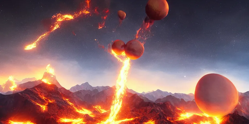 Image similar to giant fire ball attack comes from mountains, night, epic, dramatic, realistic, artstation, 8 k, high details