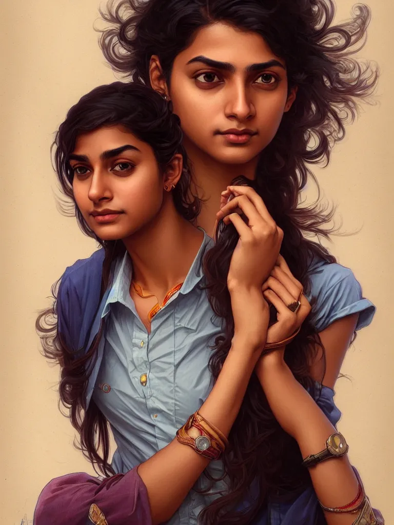 Image similar to Anxious pretty young Indian doctor wearing jeans leaving a plane, portrait, sci-fi face, elegant, highly detailed, digital painting, artstation, concept art, smooth, sharp focus, illustration, art by artgerm and greg rutkowski and alphonse mucha