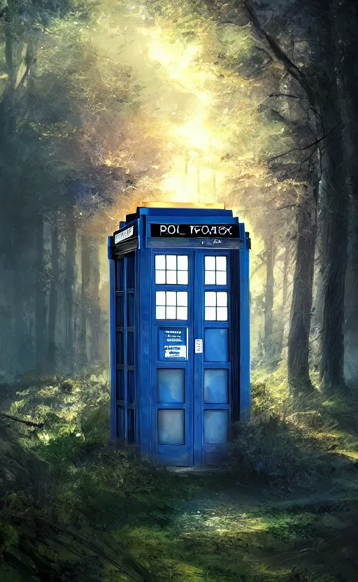 Image similar to a portrait of a tardis, in the woods, dynamic lighting, photorealistic fantasy concept art, trending on art station, stunning visuals, creative, cinematic, ultra detailed