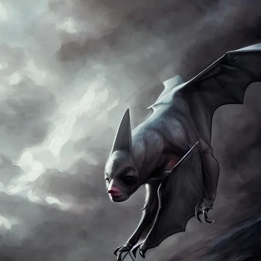 Prompt: manbat flies in dark skies, fantasy, professionally retouched, soft lighting, powerful, realistic, face is obscured in shadow, wide angle, 8 k high definition, insanely detailed, intricate, elegant, art by artgerm and wlop