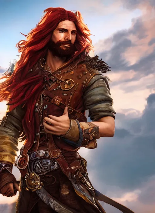 Prompt: an epic fantasy comic book style portrait painting of a long haired, red headed male sky - pirate in front of an airship, unreal 5, daz, hyperrealistic, octane render, cosplay, rpg portrait, dynamic lighting