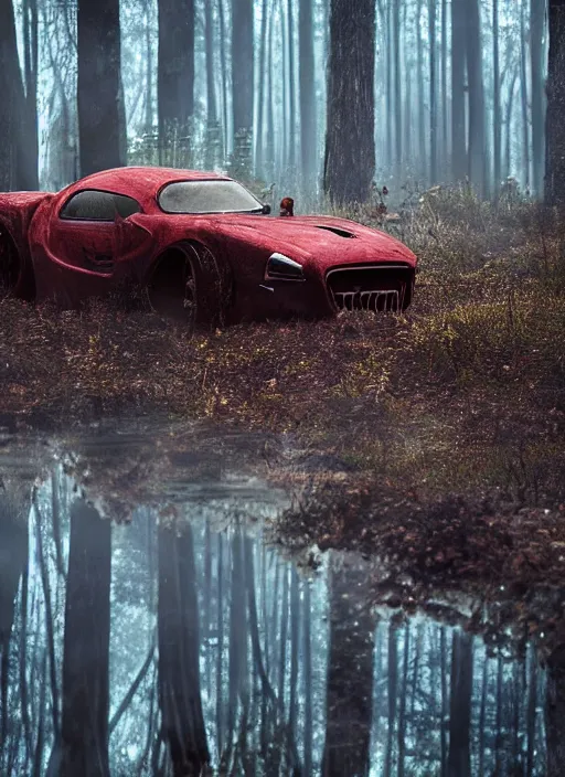 Image similar to an abandoned devil car on a ominous forest biome by pixar, smooth, cinematic, wet reflections, ray tracing x, rtx, smooth